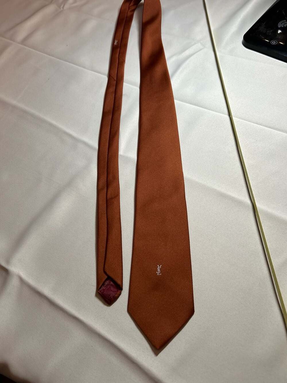 Vintage Yves Saint Laurent Rust Orange Embroidered YSL Logo Silk Tie